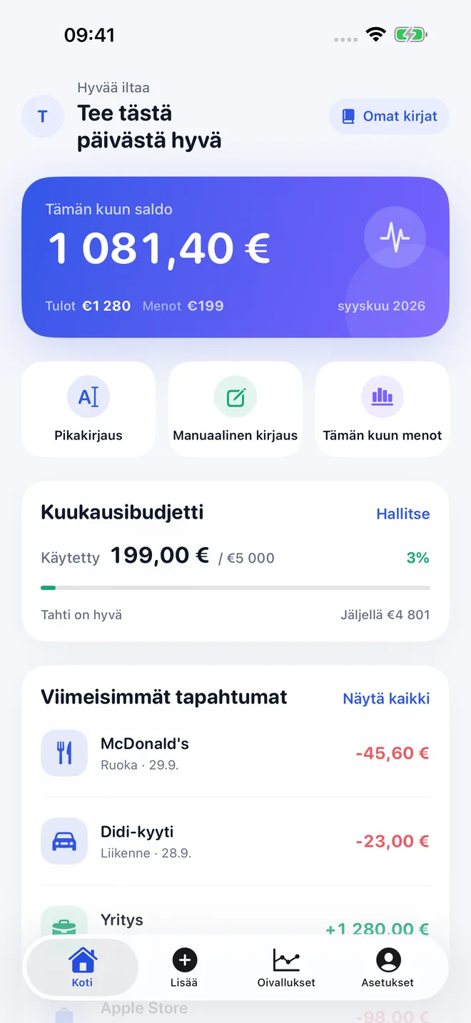 TaoBook-sovelluksen näkymät — 1/4