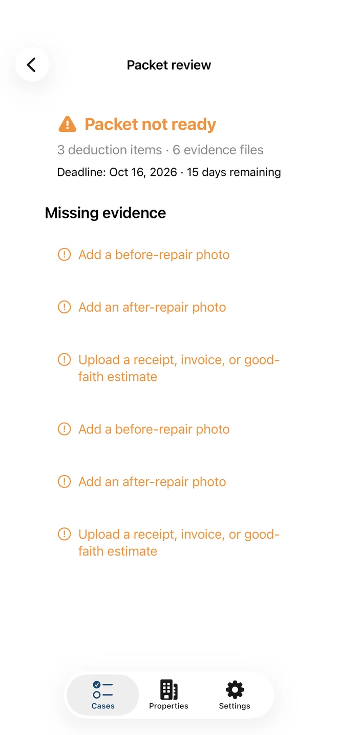 DepositPacket packet review screen listing evidence still needed before export