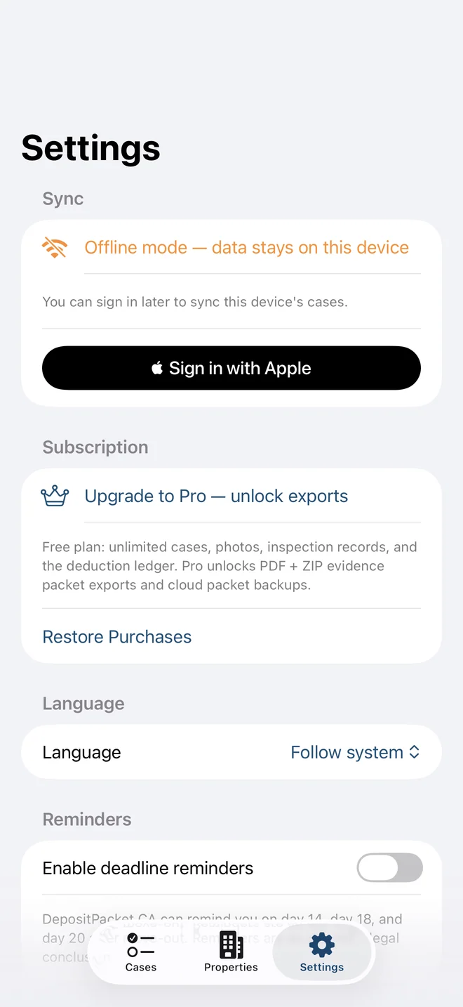 DepositPacket settings screen showing offline mode, Apple sync, Pro exports, and reminders