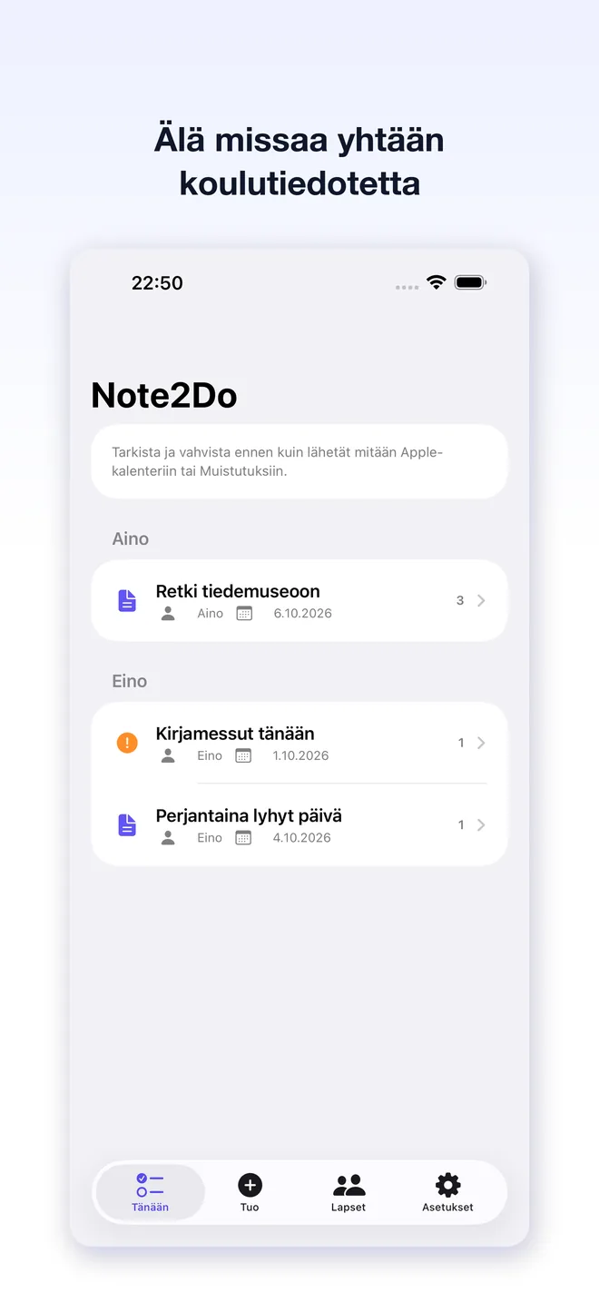 Note2Do-sovelluksen näkymät — 1/5