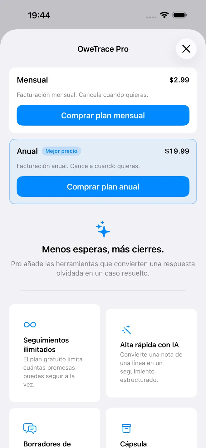 Pantallas de la app OweTrace — 4/5