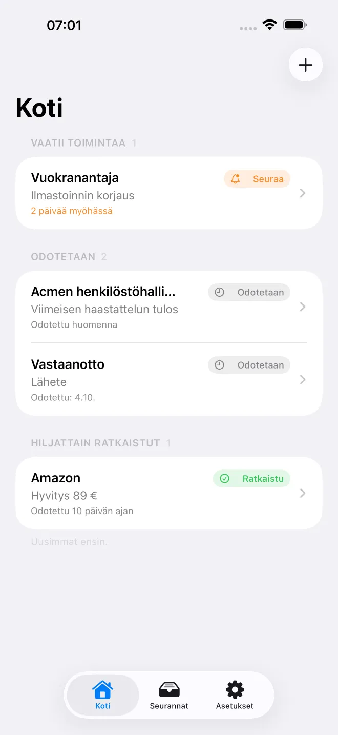 OweTrace-sovelluksen näkymät — 1/5