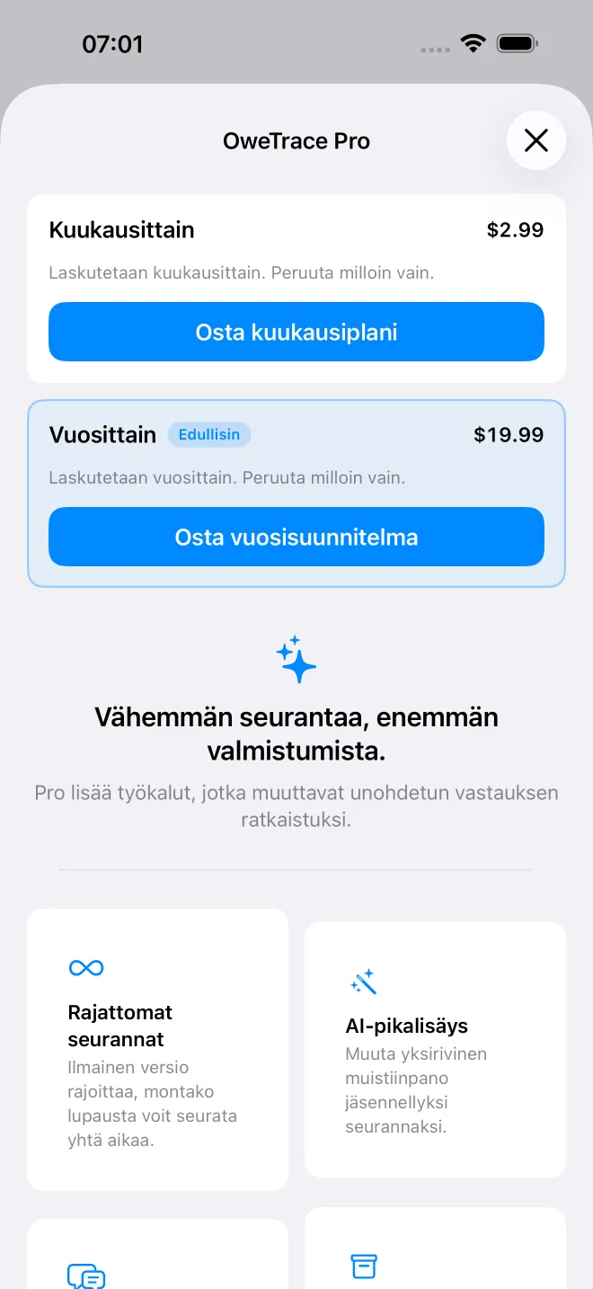OweTrace-sovelluksen näkymät — 4/5