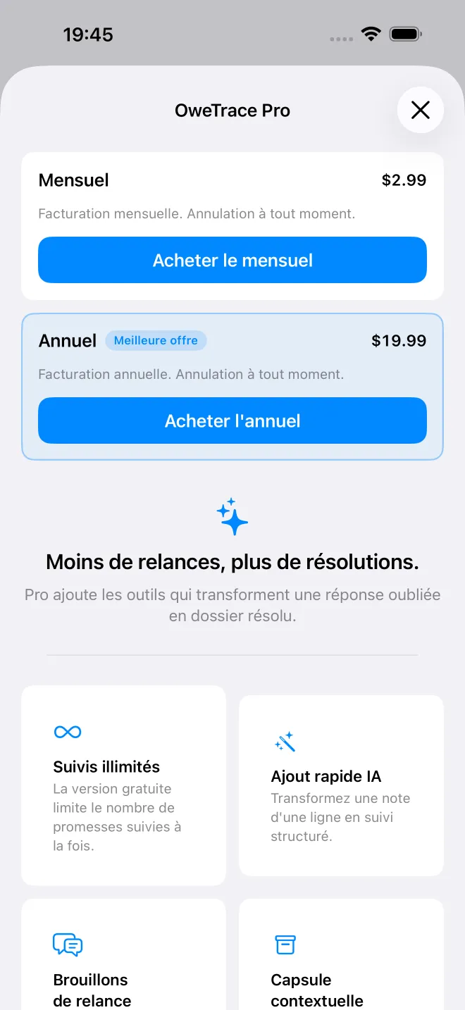 Écrans de l'app OweTrace — 4/5