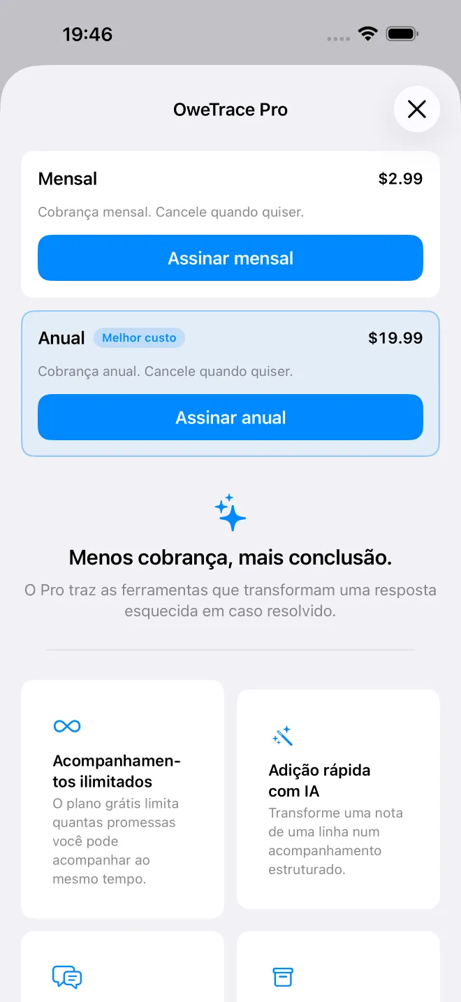 Ecrãs da app OweTrace — 4/5