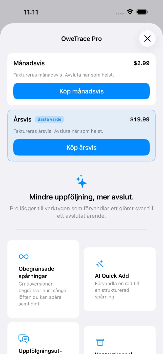 Skärmar från appen OweTrace — 4/5