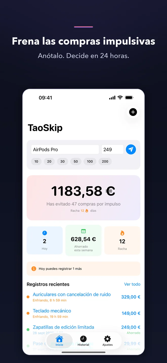 Pantallas de la app TaoSkip — 1/5