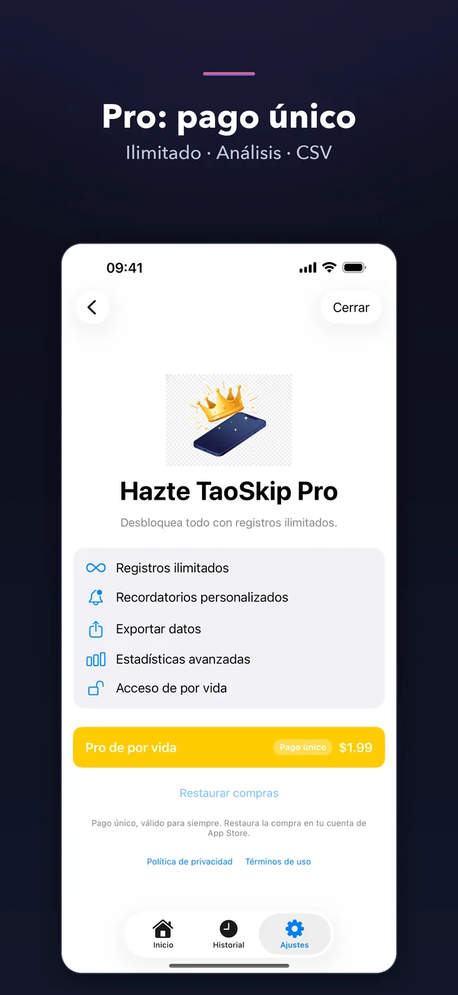 Pantallas de la app TaoSkip — 5/5