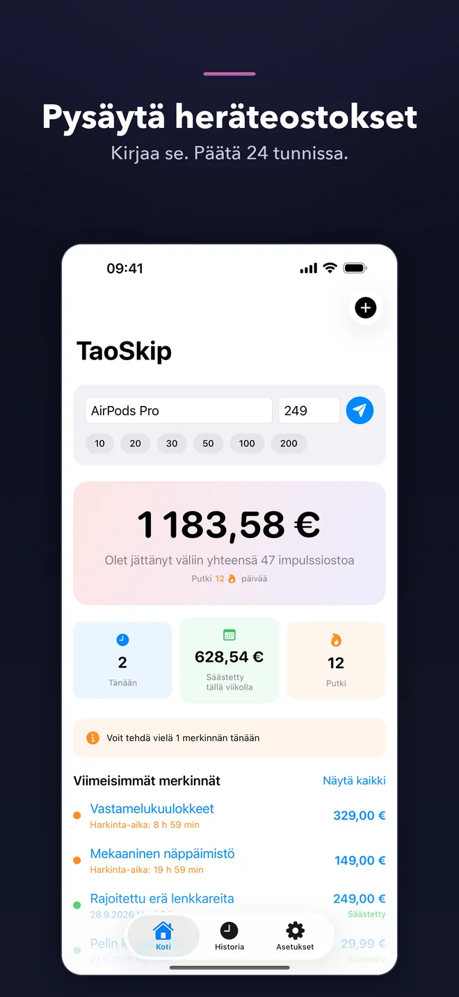 TaoSkip-sovelluksen näkymät — 1/5