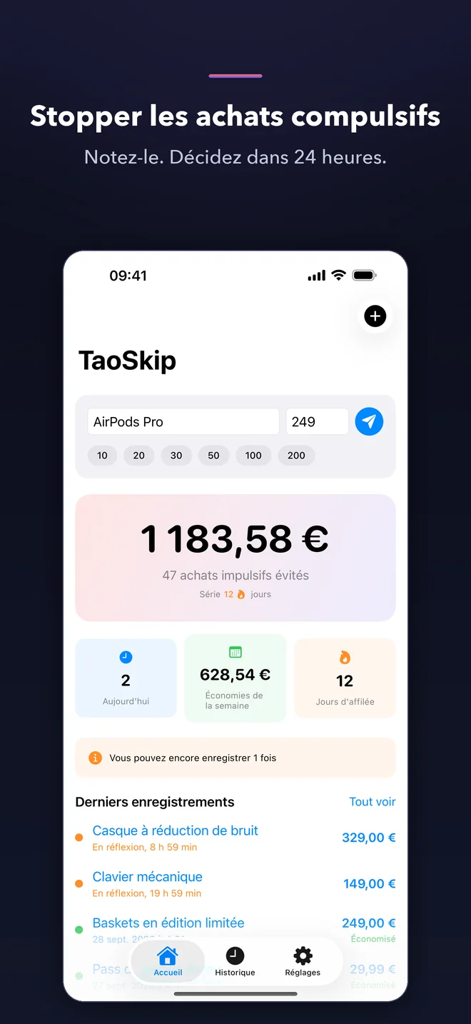 Écrans de l'app TaoSkip — 1/5