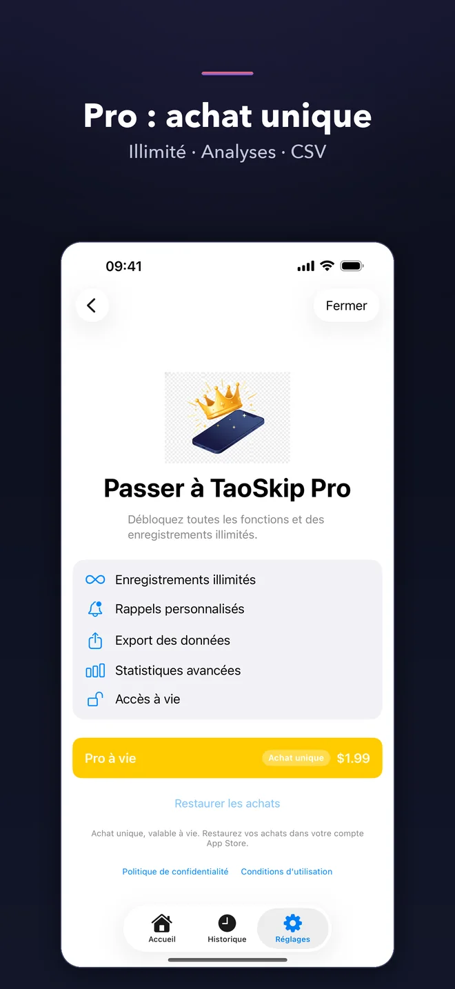 Écrans de l'app TaoSkip — 5/5