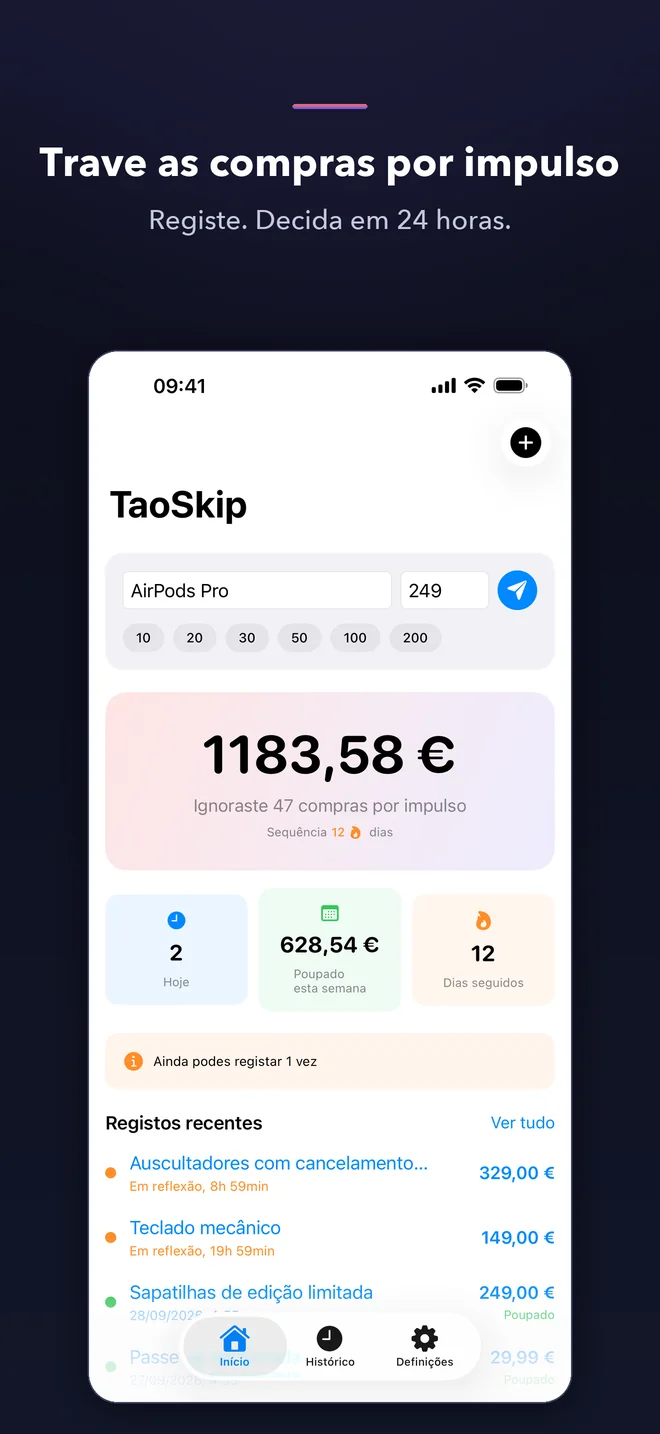 Ecrãs da app TaoSkip — 1/5